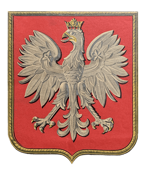 Vintage Polish coat of arms with a crowned white eagle on a red shield